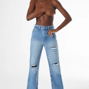 High-Rise Wide-Leg Distressed Jeans - Light Blue